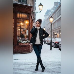 Nautica Black Quilted Puffer Jacket Women’s Large Coat Zip in Hood